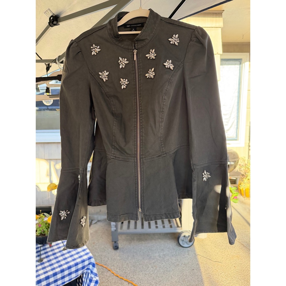 INC International Concepts Embellished Peplum Zip Jacket Grey XS 72649